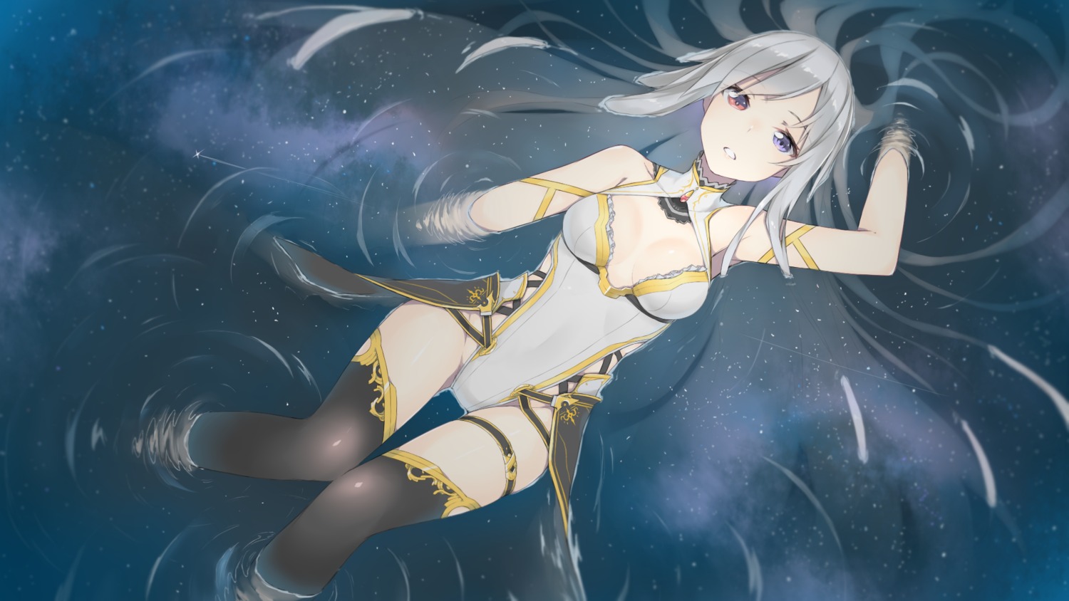 aliasing, cleavage, fhang, garter, heterochromia, leotard, no_bra, thighhighs