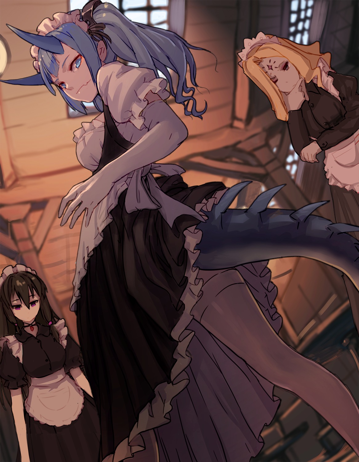 horns, maid, skirt_lift, tail, thighhighs, virgosdf