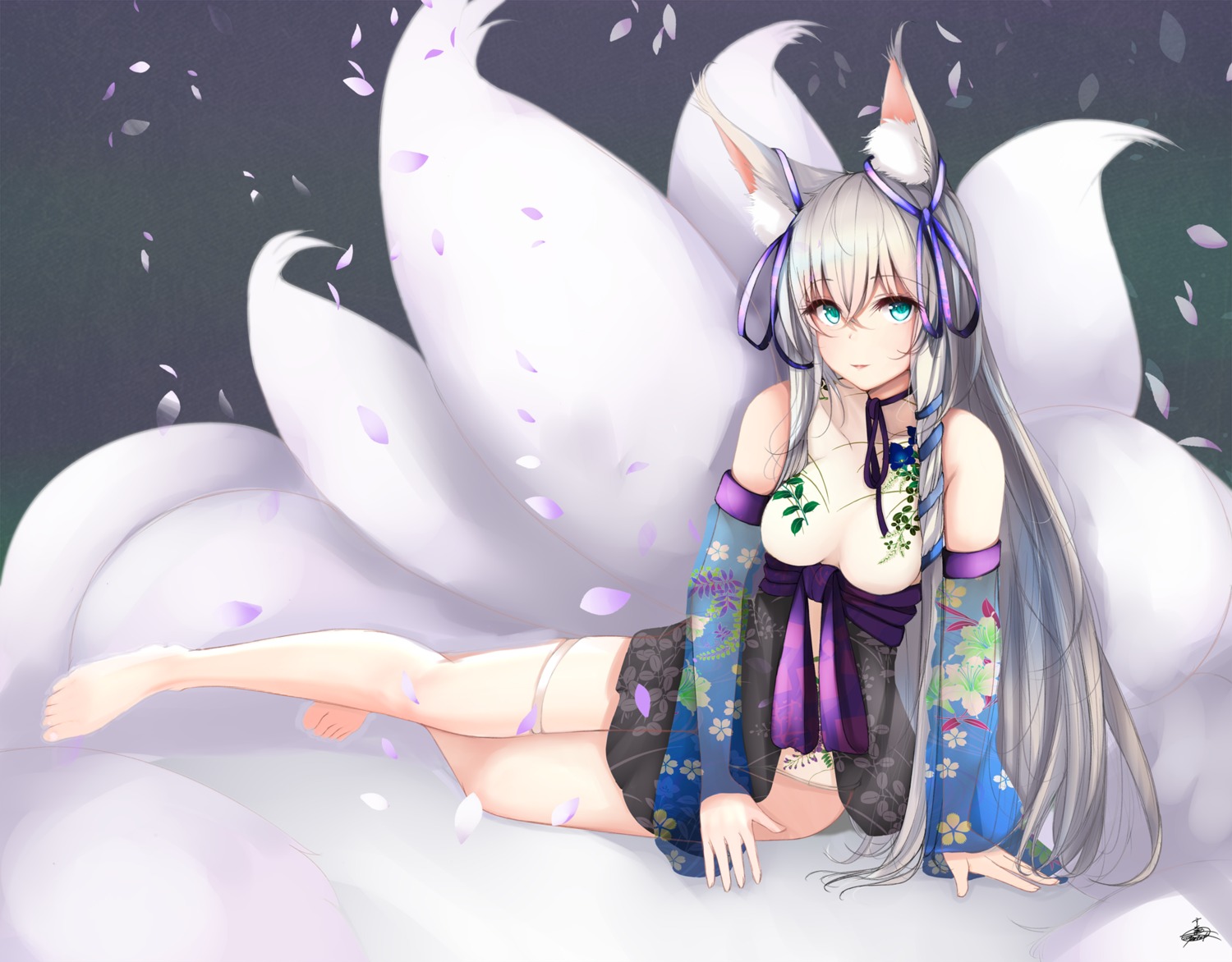 animal_ears, garter, japanese_clothes, kitsune, pantsu, see_through, suzume_(simple0091), tail