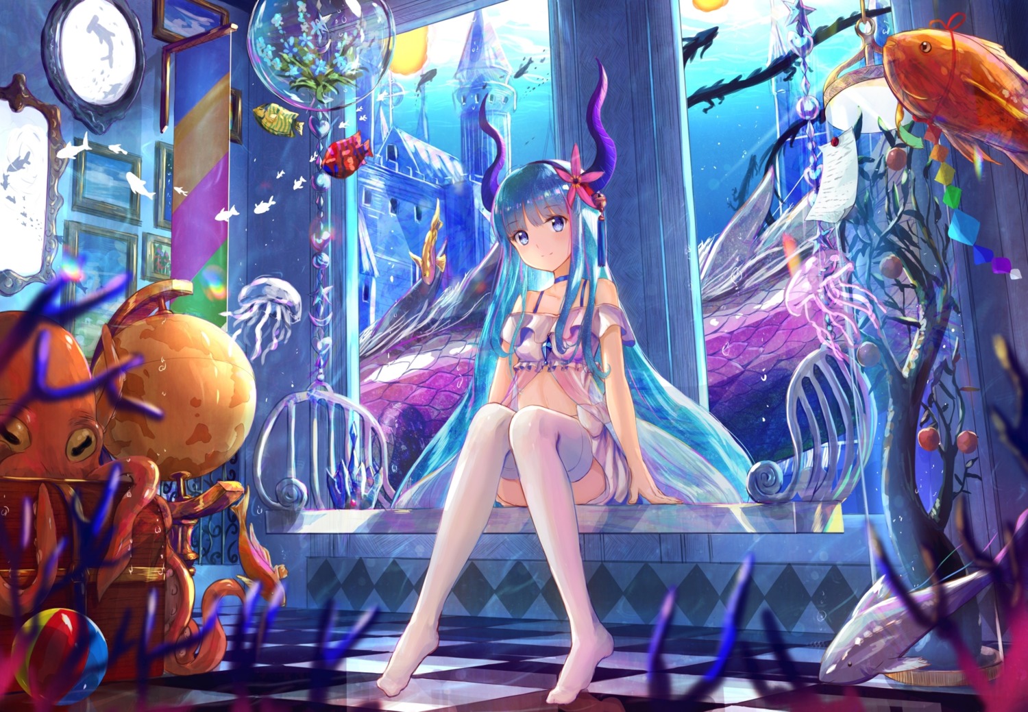 alphatitus, horns, see_through, thighhighs