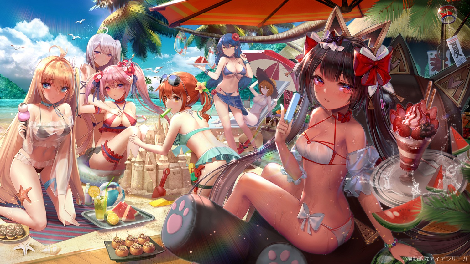 animal_ears, ass, bikini, cleavage, garter, kidou_sentai_iron_saga, matilda_(iron_saga), megane, nanase_shiotsuki_(iron_saga), nekomimi, see_through, sharo_(iron_saga), slokai_(iron_saga), snow_(iron_saga), swimsuits, takahashi_natsumi, underboob, vinora_(iron_saga), wallpaper, wet, zjsstc