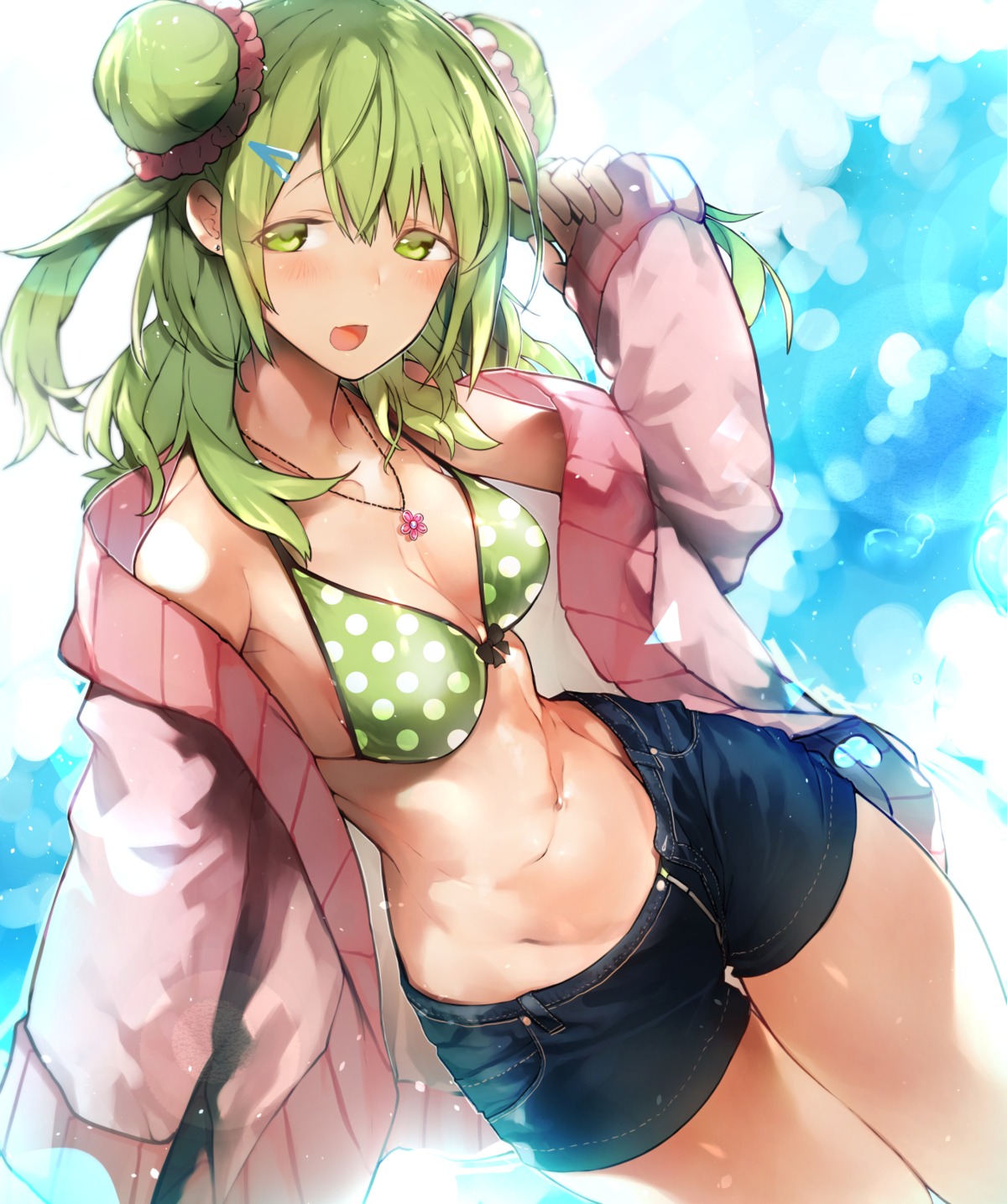 bikini_top, cleavage, morinaka_kazaki, nijisanji, nishiide_kengorou, open_shirt, swimsuits