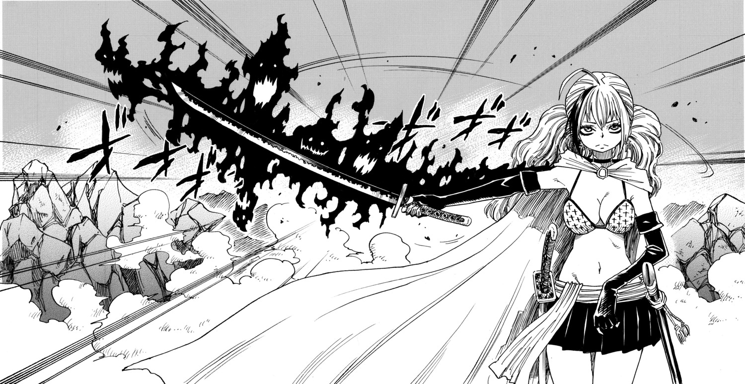 bikini_top, cleavage, monochrome, swimsuits, sword, takayama_akira