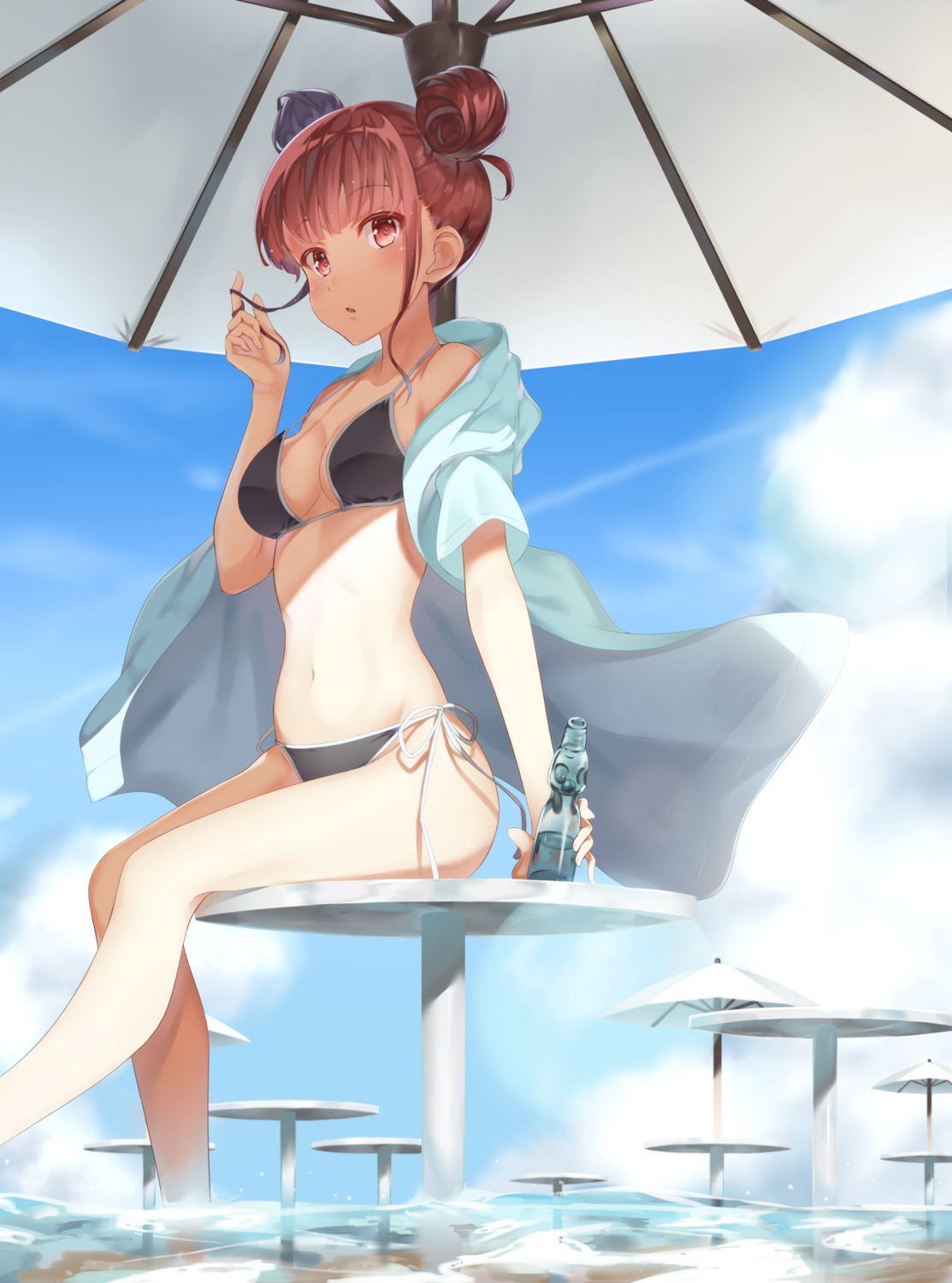 akausuko, bikini, cleavage, open_shirt, swimsuits, wet