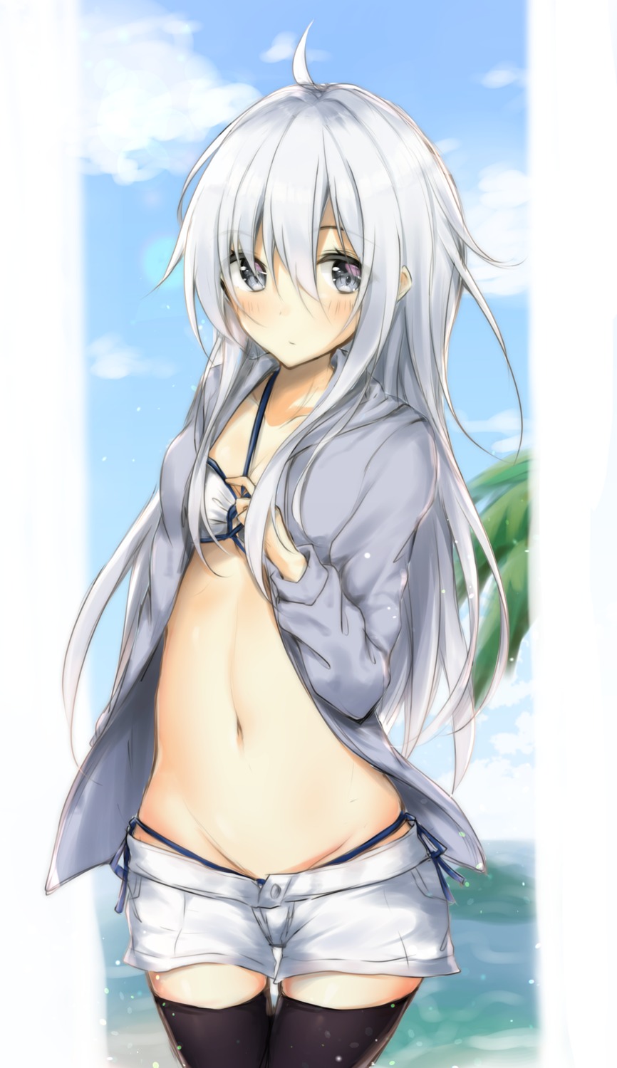 bikini, cleavage, hibiki_(kancolle), kantai_collection, open_shirt, swimsuits, thighhighs, uzuki_tsukuyo