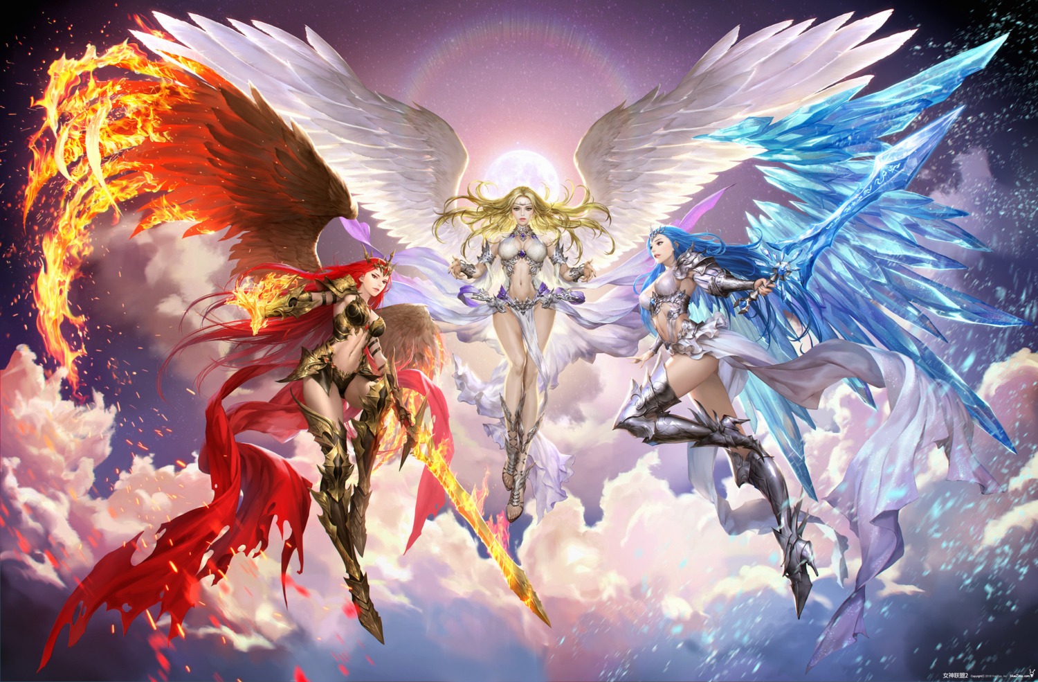 armor, cleavage, dong-wook_shin, heels, league_of_angels, sword, thighhighs, wings