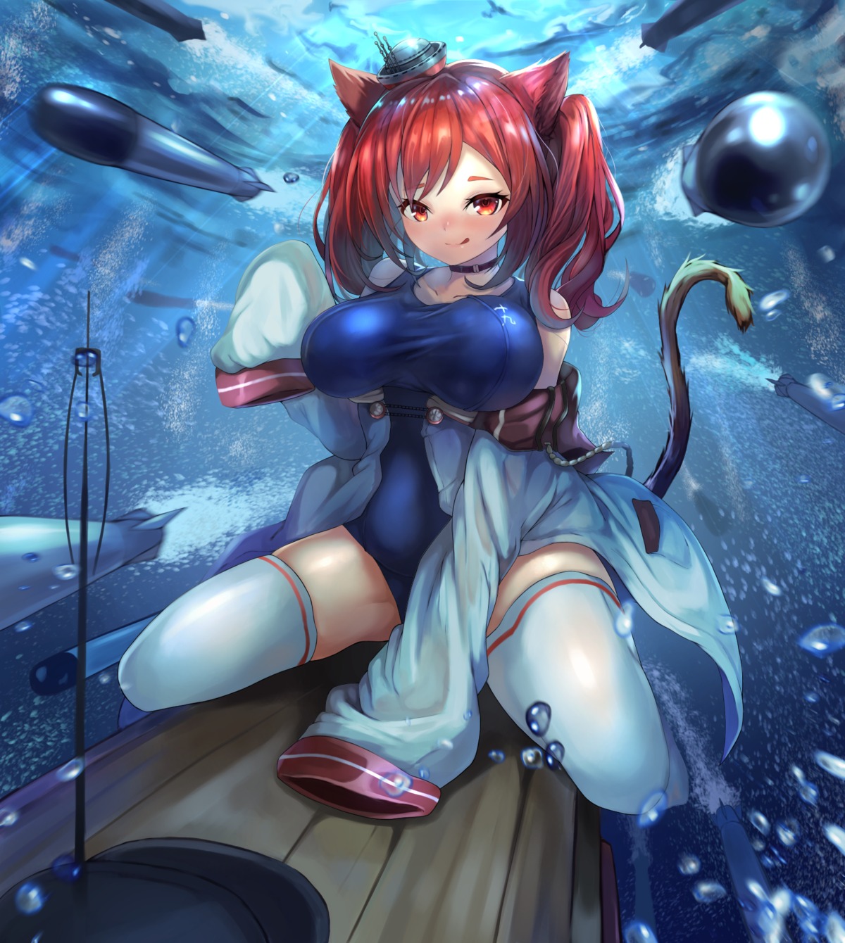 animal_ears, azur_lane, i-19_(azur_lane), ohako_(ohako1818), school_swimsuit, swimsuits, tail, thighhighs