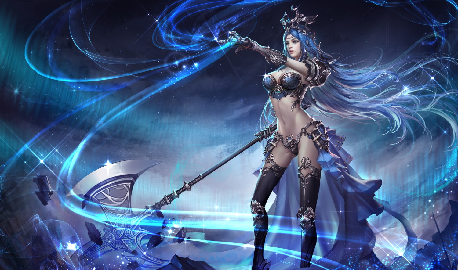 armor, bikini_armor, cleavage, league_of_angels, tagami_keisei, thighhighs, weapon