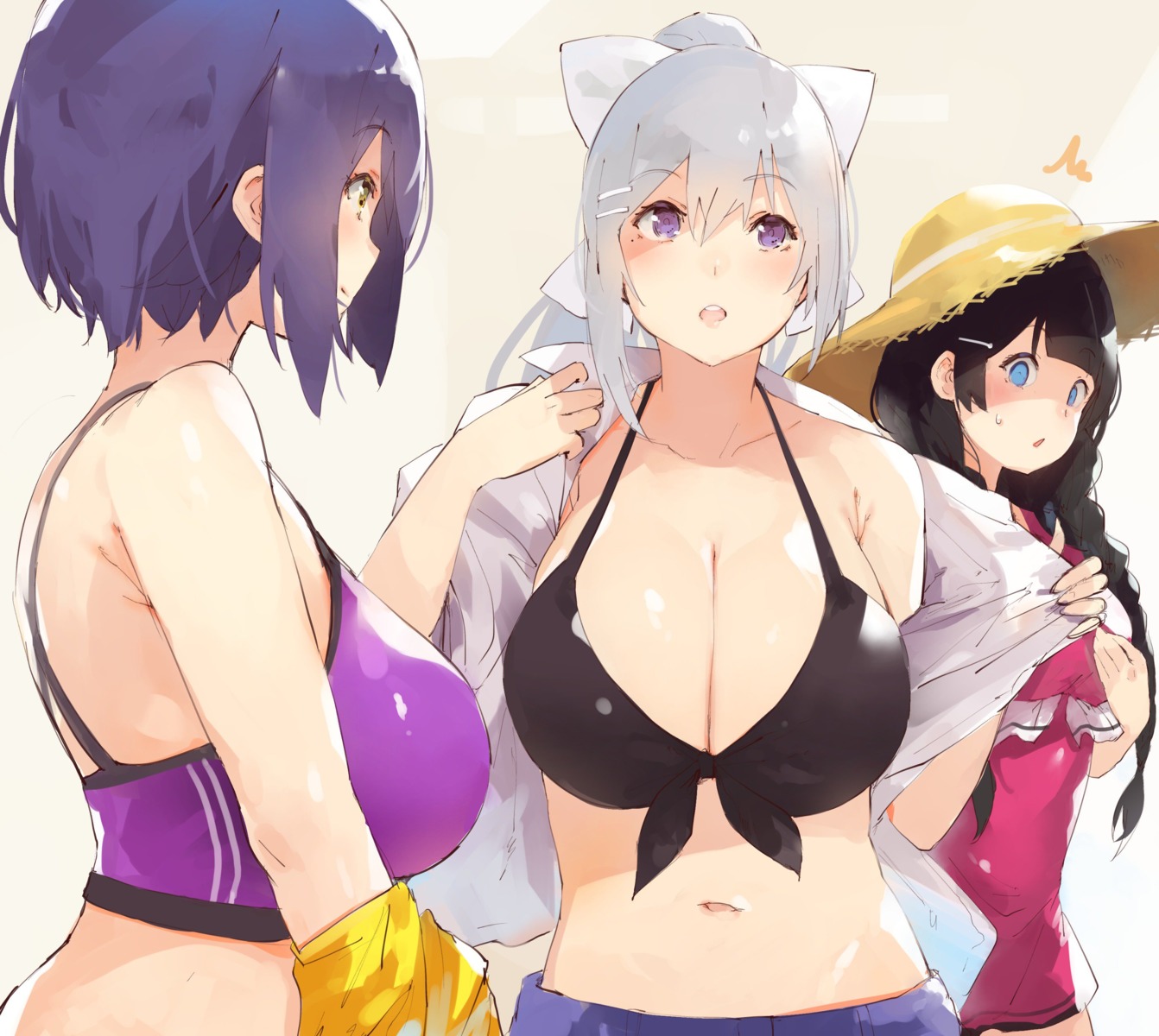 bikini, bikini_top, cleavage, denizen_tomo, higuchi_kaede, nijisanji, open_shirt, shizuka_rin, swimsuits, tsukino_mito, undressing