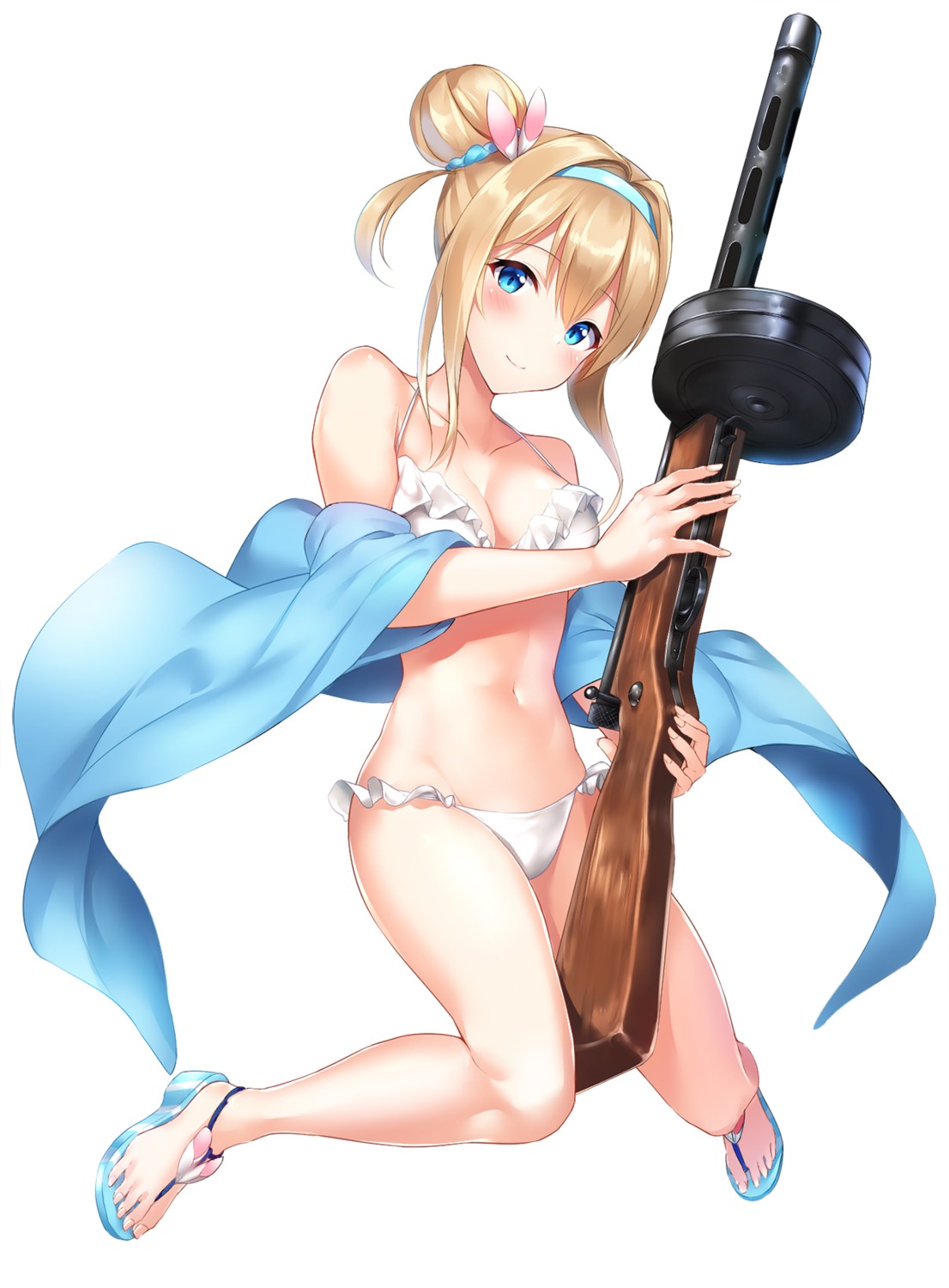 bikini, cleavage, cocona_(coconacafe), girls_frontline, gun, open_shirt, suomi_kp31_(girls_frontline), swimsuits
