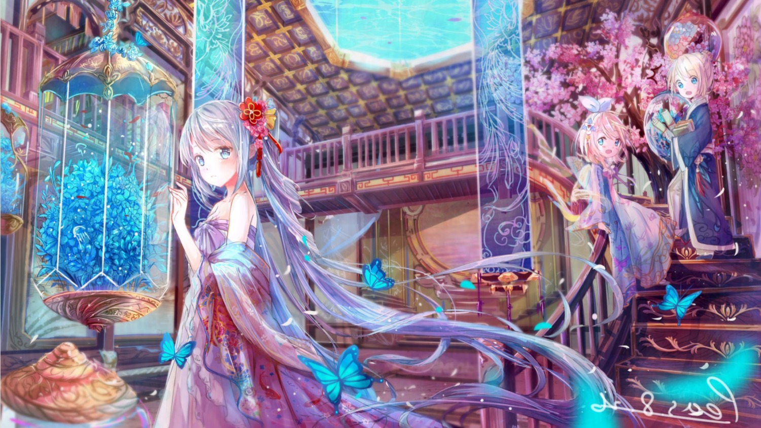 asian_clothes, dress, hatsune_miku, kagamine_len, kagamine_rin, peas_(peas0125), pointy_ears, vocaloid