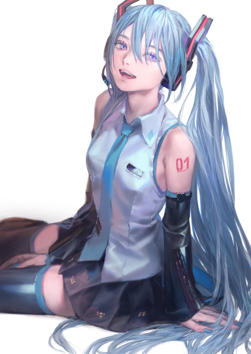 hatsune_miku, headphones, tattoo, thighhighs, tunapon01, vocaloid