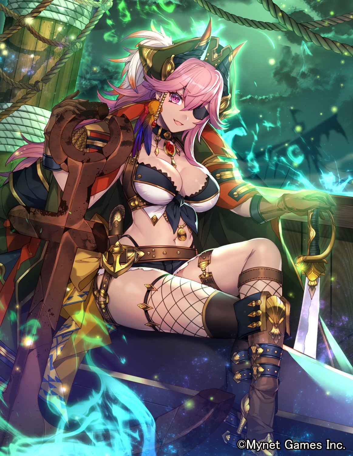 cleavage, eyepatch, fishnets, gyakushuu_no_fantasica, heels, katagiri_hachigou, pirate, sword