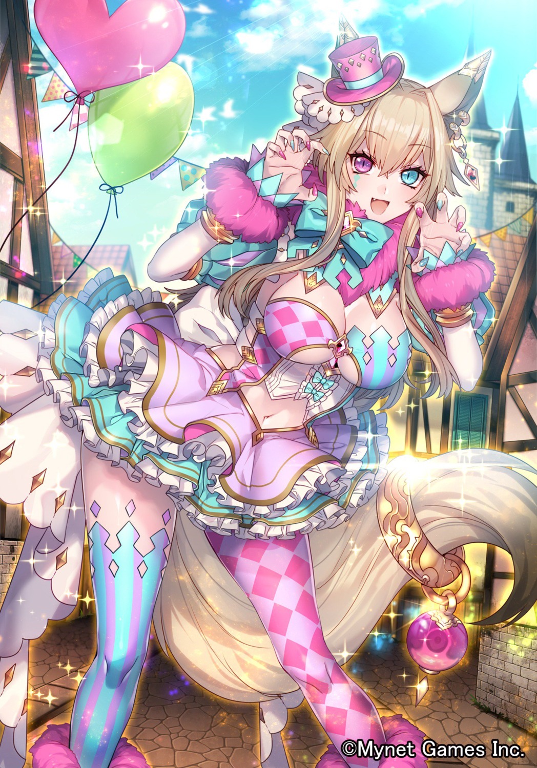 animal_ears, cleavage, gyakushuu_no_fantasica, heterochromia, katagiri_hachigou, tail, thighhighs, underboob