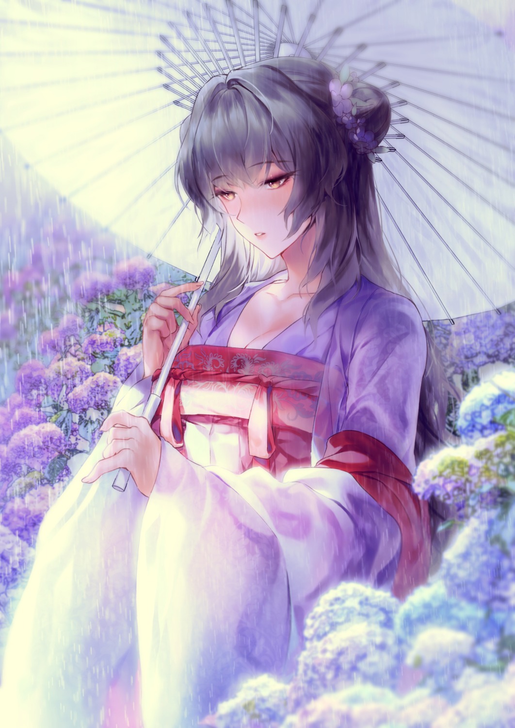 black_joa, cleavage, japanese_clothes, umbrella