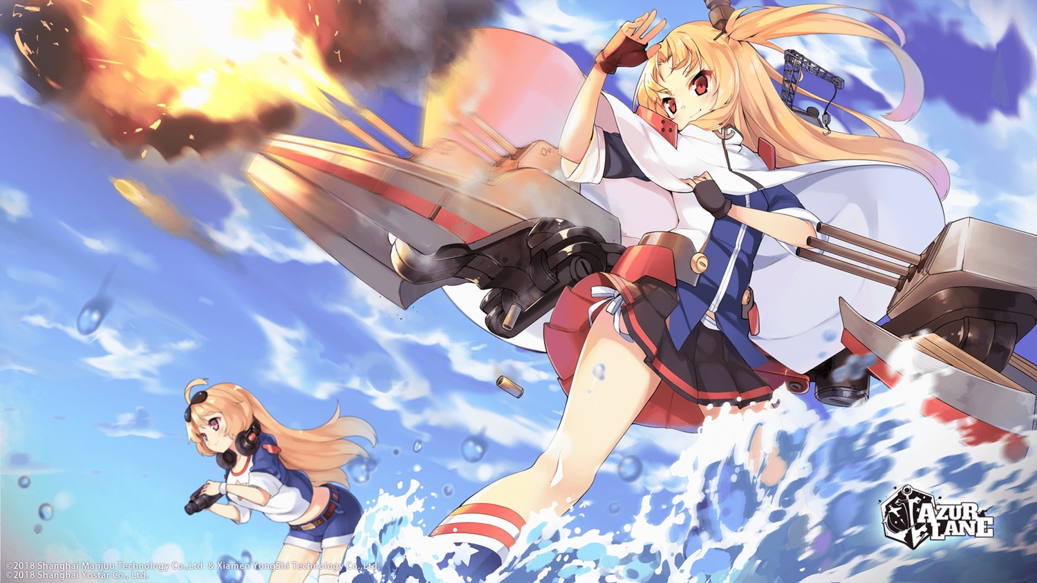 azur_lane, cleveland_(azur_lane), columbia_(azur_lane), gym_uniform, hao_(patinnko), headphones, megane, skirt_lift, thighhighs, uniform, wallpaper, wet