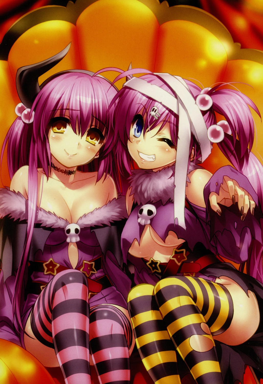 bandages, cleavage, futaki_kanata, horns, little_busters!, no_bra, saigusa_haruka, thighhighs