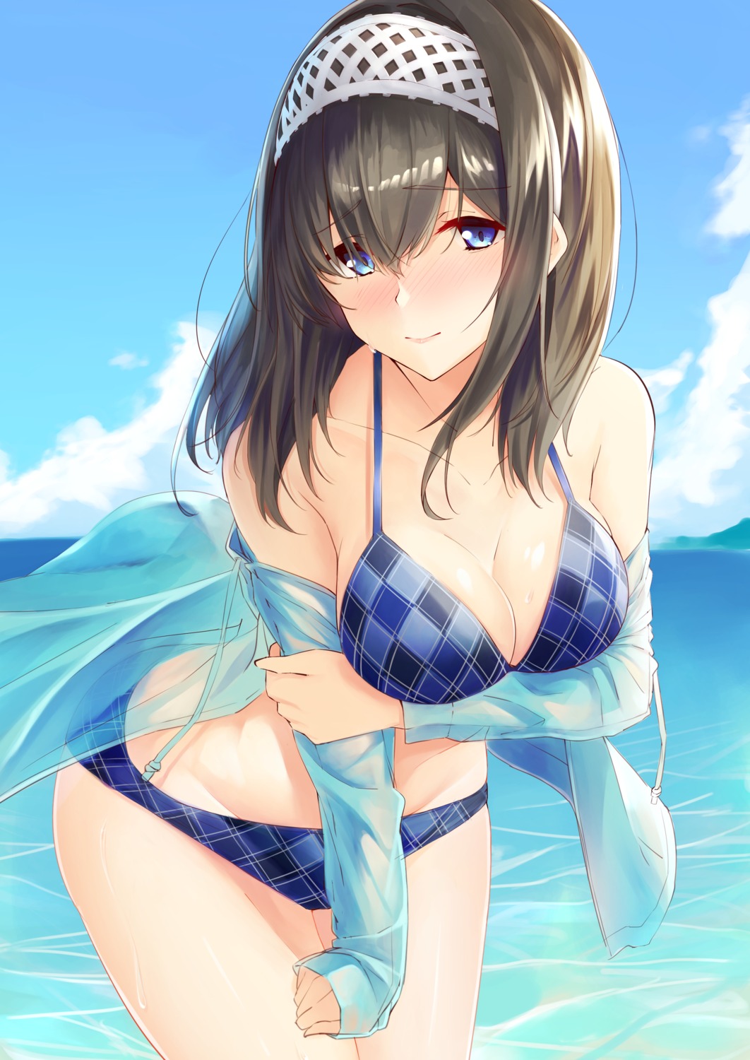 bikini, breast_hold, cleavage, megurumiru, open_shirt, sagisawa_fumika, see_through, swimsuits