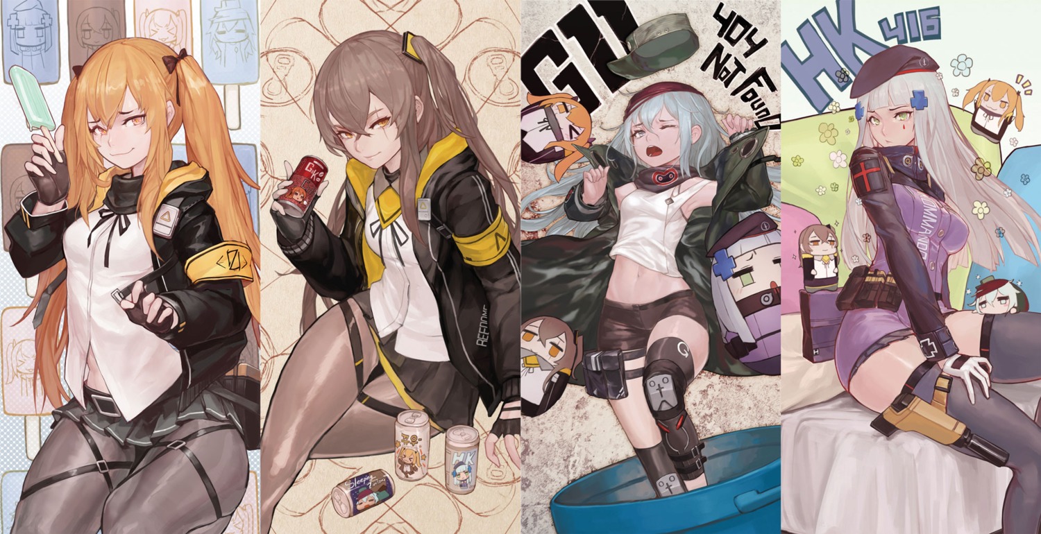chibi, g11_(girls_frontline), girls_frontline, hk416_(girls_frontline), pantyhose, tamidro, thighhighs, ump45_(girls_frontline), ump9_(girls_frontline)