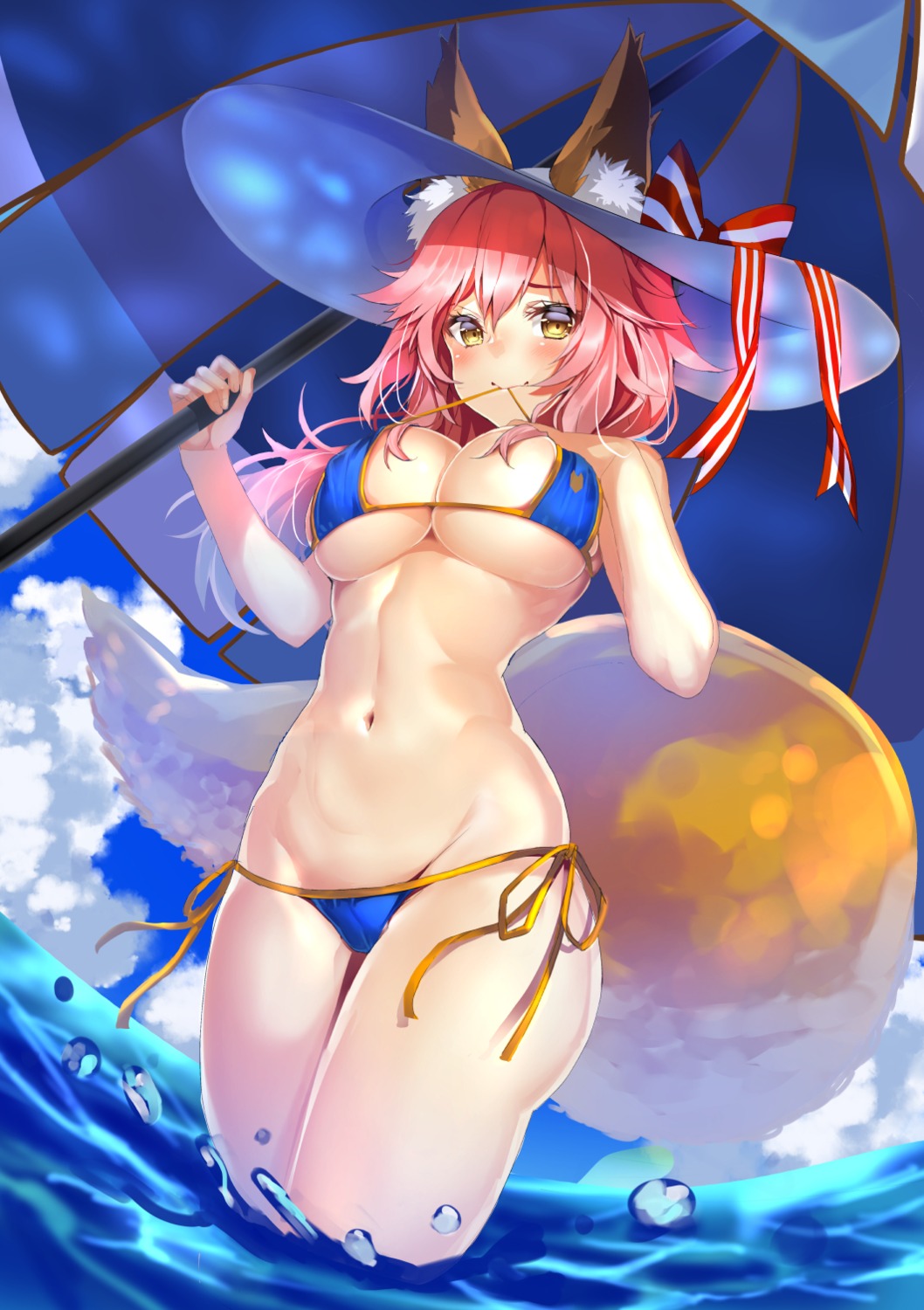 animal_ears, bikini, fate/grand_order, shimofuri, swimsuits, tail, tamamo_no_mae, underboob, wet