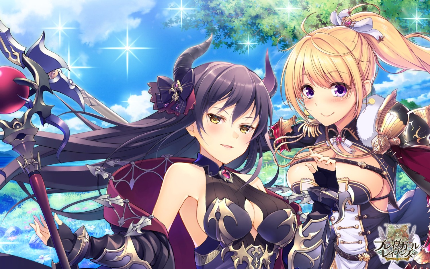 akatsuki_rabbit, armor, brave_girl_ravens, cleavage, horns, no_bra, wallpaper, weapon, yoshino_ryou