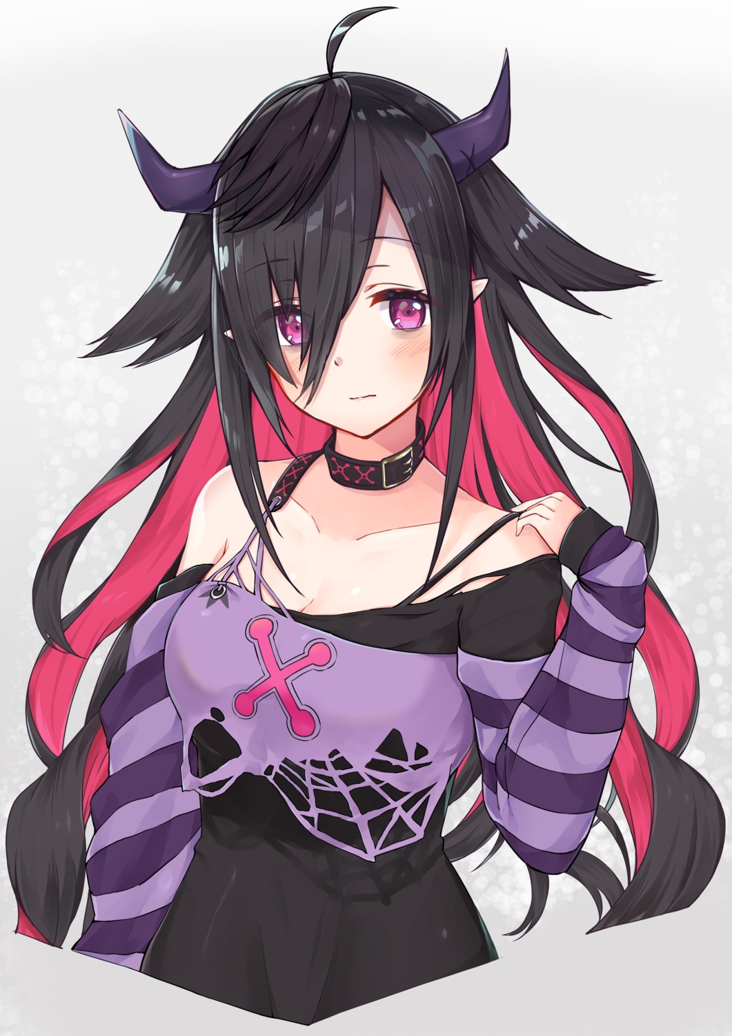 cleavage, horns, nijisanji, pointy_ears, racchi., yamiyono_moruru