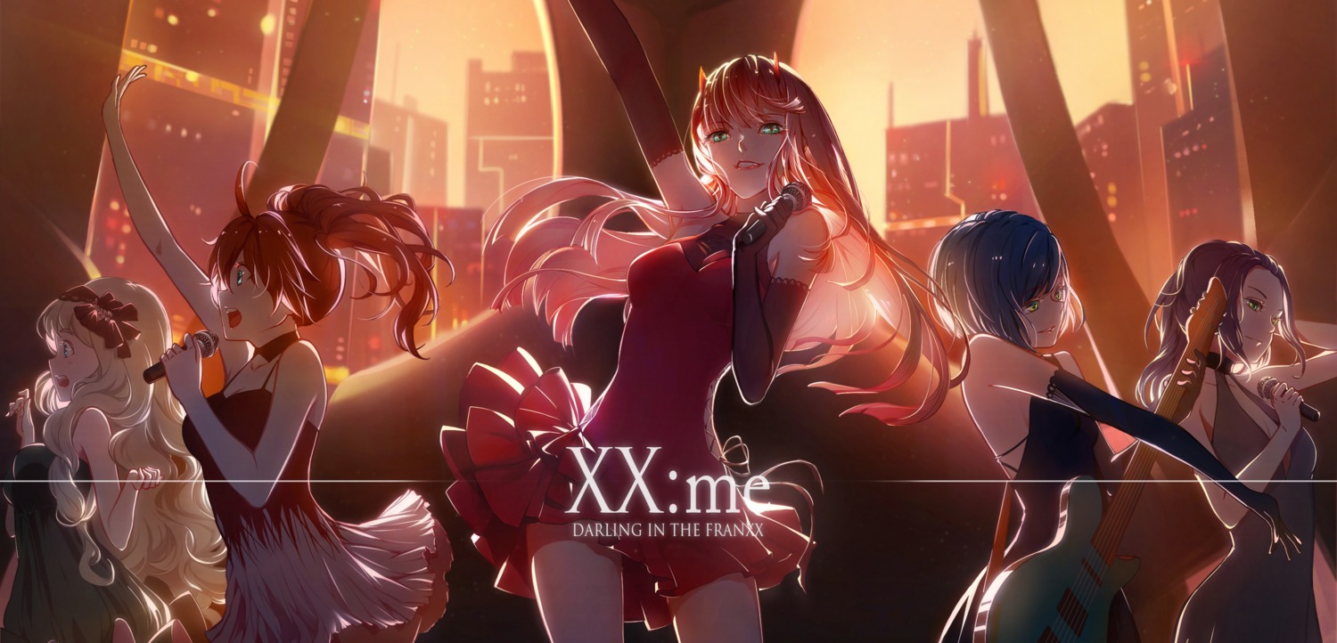 chenaze57, cleavage, darling_in_the_franxx, dress, guitar, horns, ichigo_(darling_in_the_franxx), ikuno_(darling_in_the_franxx)