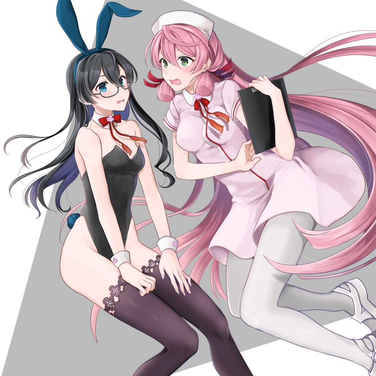 akashi_(kancolle), animal_ears, bunny_ears, bunny_girl, kantai_collection, megane, nurse, ooyodo_(kancolle)