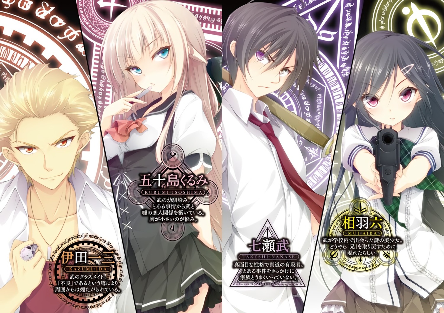 aiba_mui, gun, heterochromia, ida_kazumi, isoshima_kurumi, luna_lia, mahou_sensou, nanase_takeshi