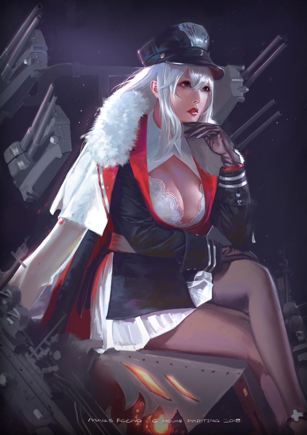 azur_lane, bra, cleavage, graf_zeppelin_(azur_lane), mars_foong, open_shirt, pantyhose, uniform