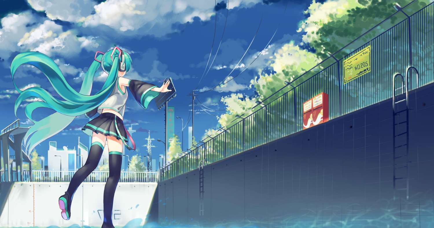 hatsune_miku, headphones, landscape, thighhighs, vocaloid, zhongye_yu
