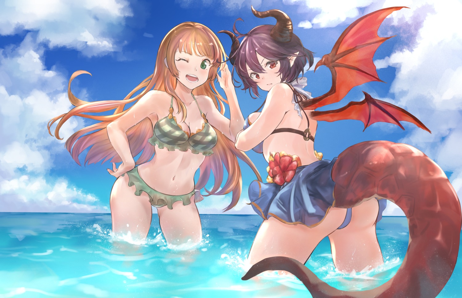 anne_(shingeki_no_bahamut), ass, bikini, cleavage, granblue_fantasy, grea, horns, manaria_friends, pointy_ears, renzu, skirt_lift, swimsuits, tail, wet, wings
