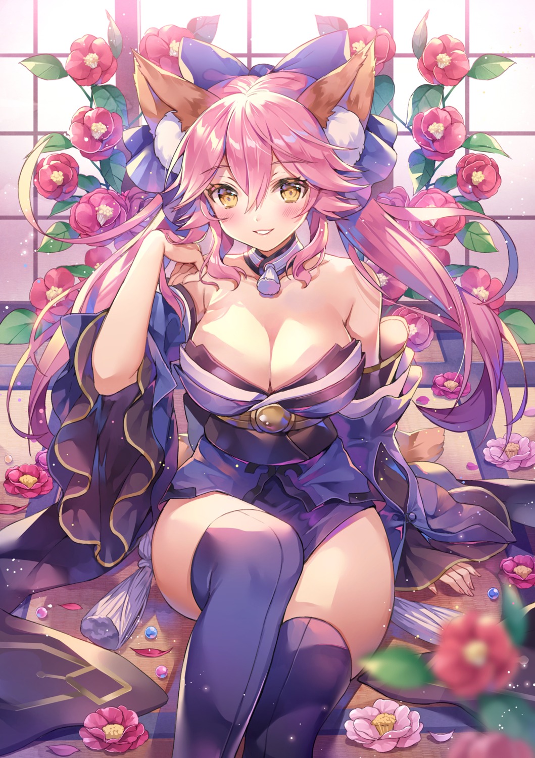 animal_ears, cleavage, fate/grand_order, japanese_clothes, tamamo_no_mae, thighhighs, yeonwa