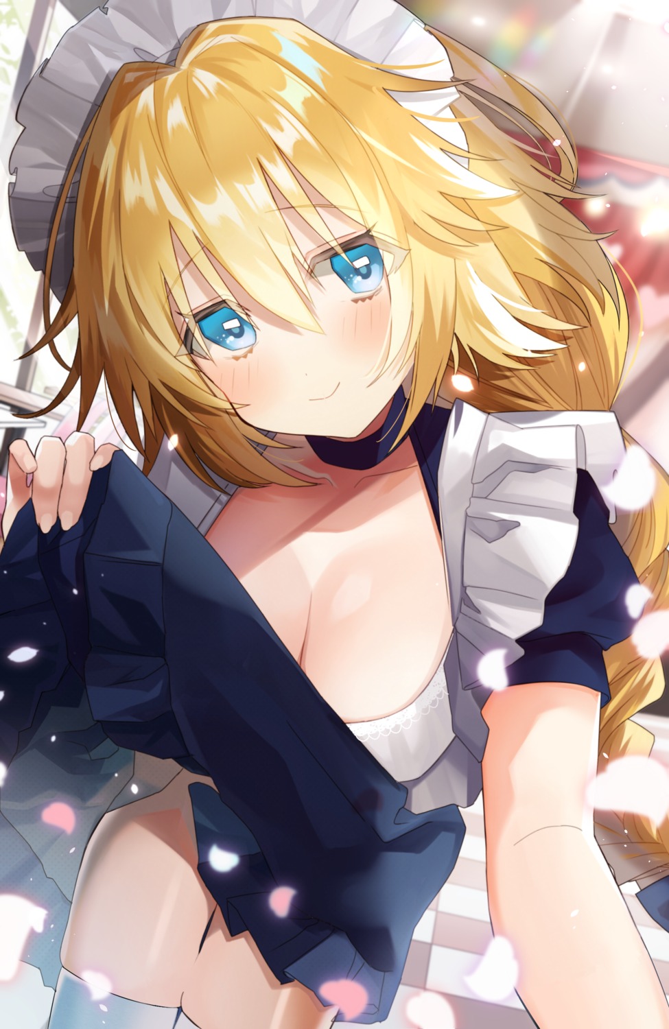 cleavage, fate/grand_order, jeanne_d'arc, jeanne_d'arc_(fate), maid, pomu_(pomu_me), skirt_lift, thighhighs