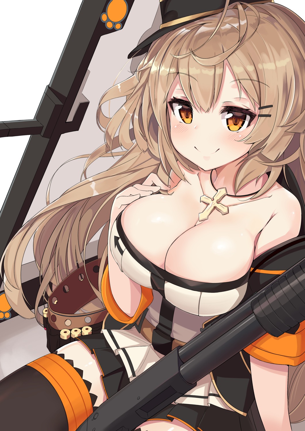 cleavage, girls_frontline, gun, ithaca_m37_(girls_frontline), j_young, thighhighs