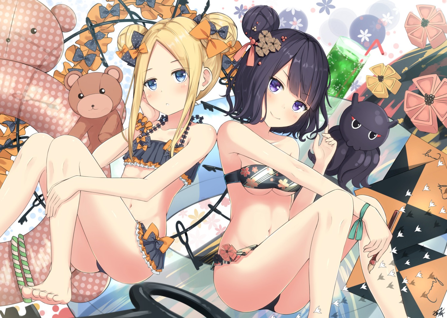 abigail_williams_(fate), ass, bikini, fate/grand_order, katsushika_hokusai_(fate), miko_fly, swimsuits, underboob