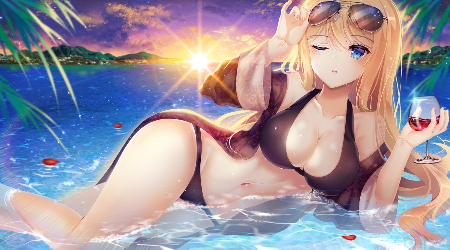 bikini, cleavage, ecu8080, girls_frontline, m1918_bar_(girls_frontline), megane, open_shirt, swimsuits