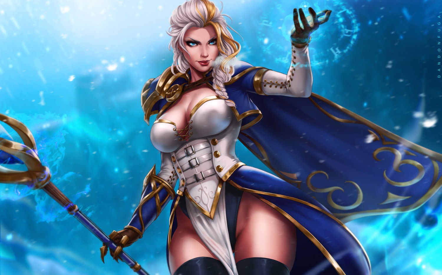 armor, cleavage, dandon_fuga, dress, jaina_proudmoore, no_bra, pantsu, possible_duplicate, see_through, thighhighs, weapon, world_of_warcraft
