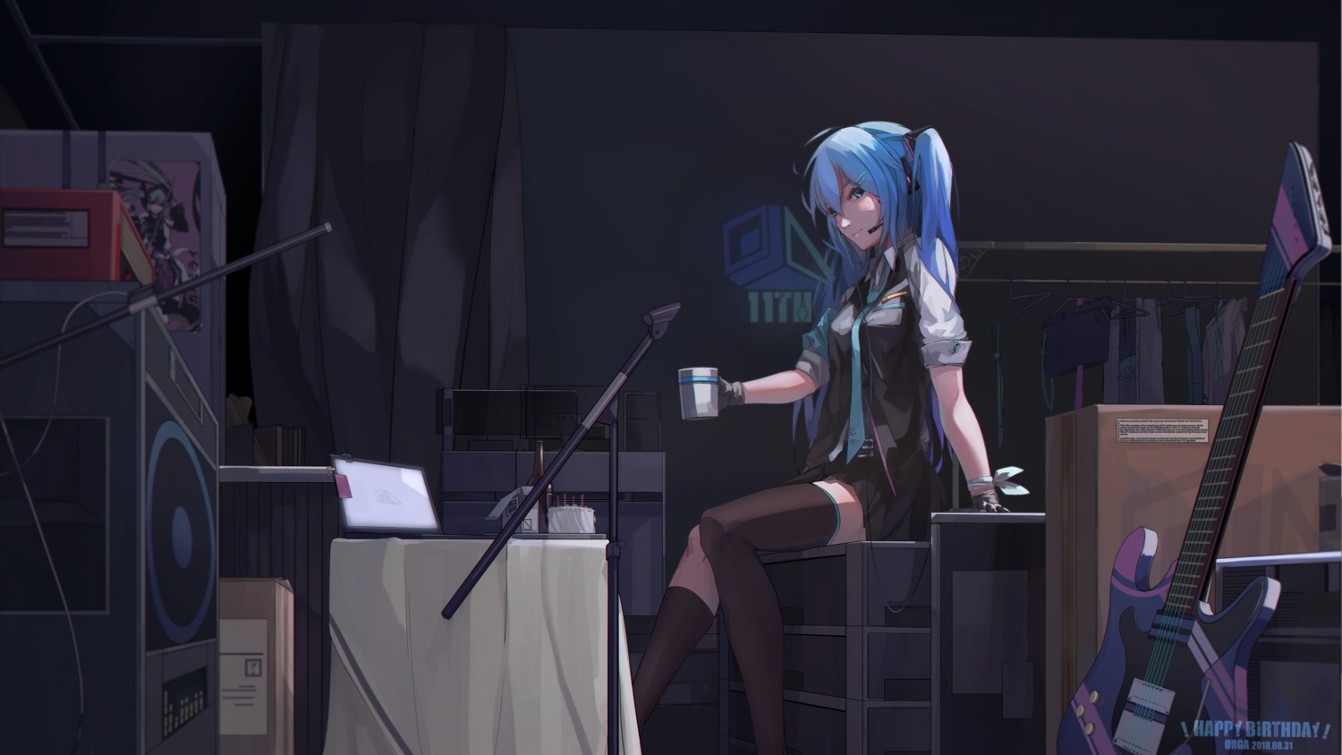 guitar, hatsune_miku, headphones, orga, tattoo, thighhighs, vocaloid