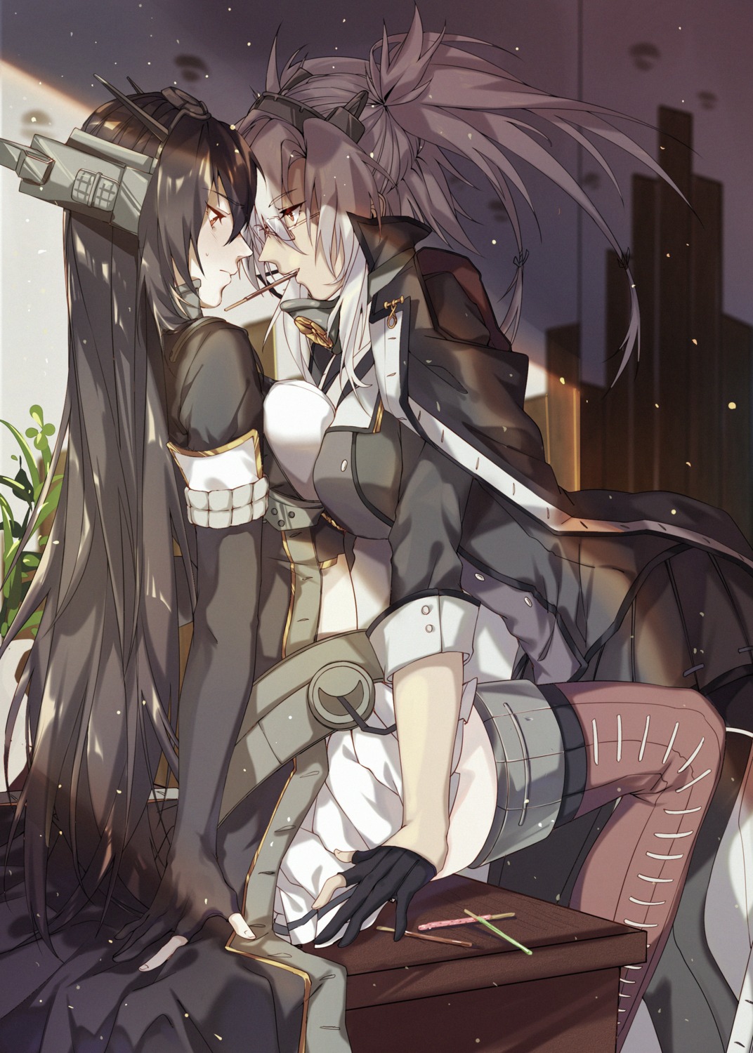 kagari6496, kantai_collection, megane, musashi_(kancolle), nagato_(kancolle), pantyhose, thighhighs, yuri