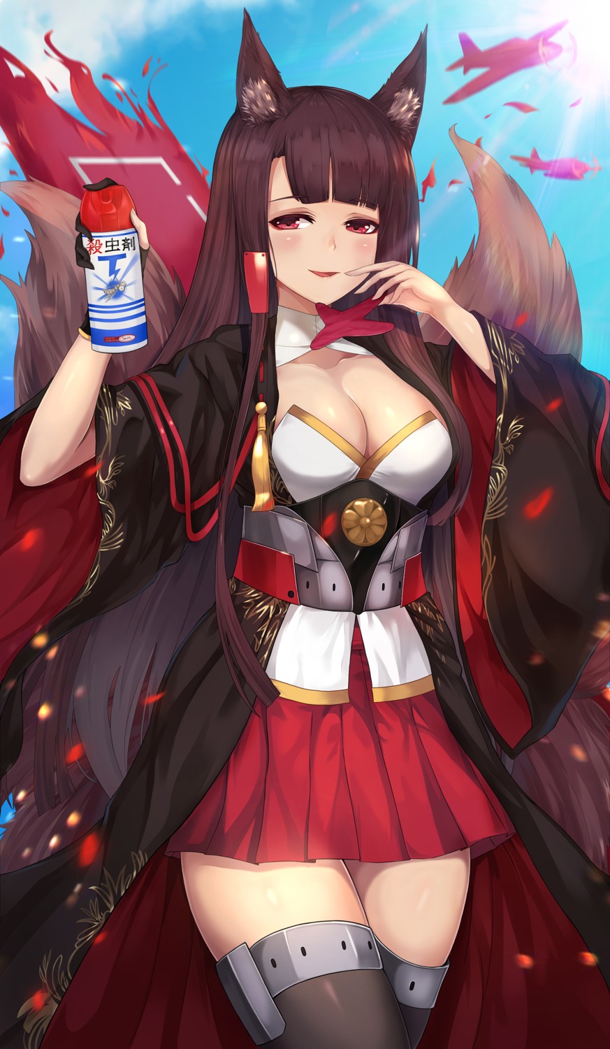 akagi_(azur_lane), animal_ears, azur_lane, beluga_dolphin, cleavage, kitsune, tail, thighhighs