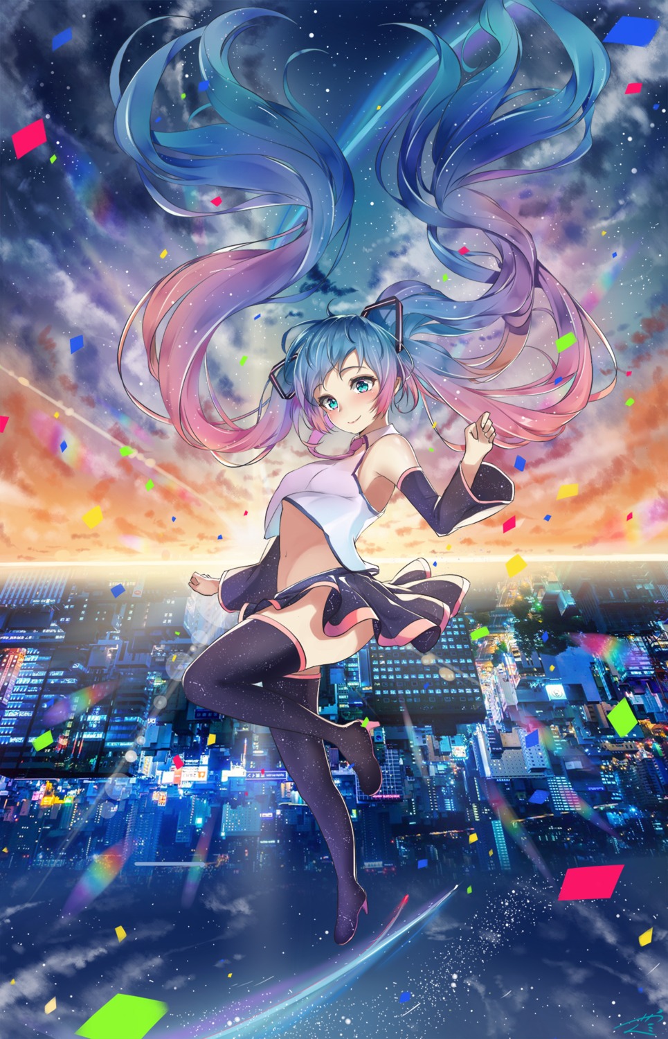 hatsune_miku, heels, konata_(knt_banri), shirt_lift, skirt_lift, thighhighs, vocaloid