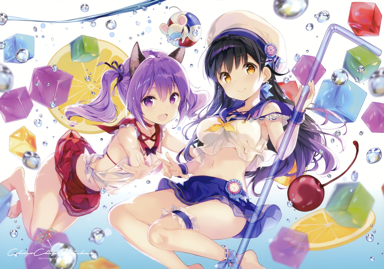 animal_ears, bikini_top, garter, qp:flapper, sakura_koharu, see_through, seifuku, skirt_lift, swimsuits