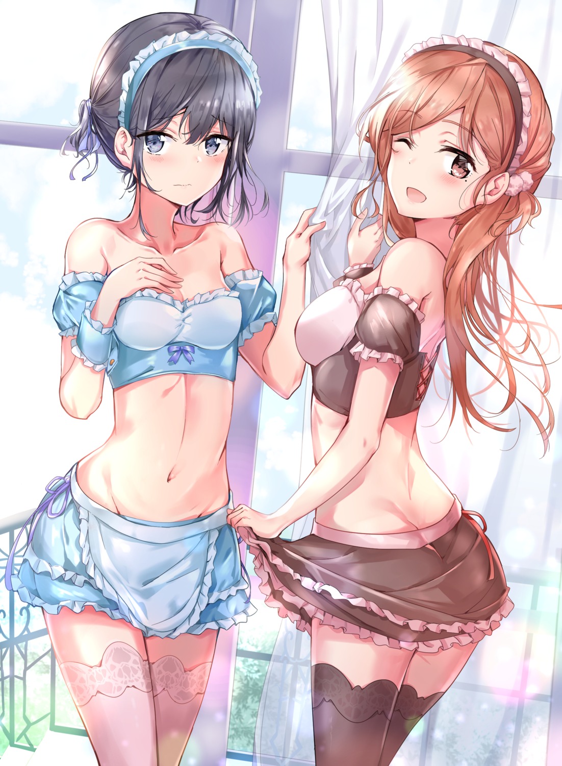 adagaki_aki, breast_hold, cleavage, fujinomiya_neko, maid, masamune-kun_no_revenge, skirt_lift, sunhyun, thighhighs