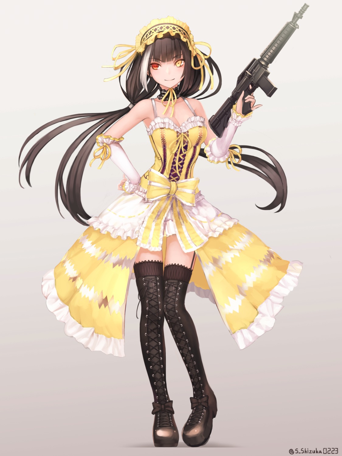 cleavage, cosplay, date_a_live, dress, girls_frontline, gothic_lolita, gun, heels, heterochromia, lolita_fashion, npt_shizuka, ro635_(girls_frontline), stockings, thighhighs, tokisaki_kurumi
