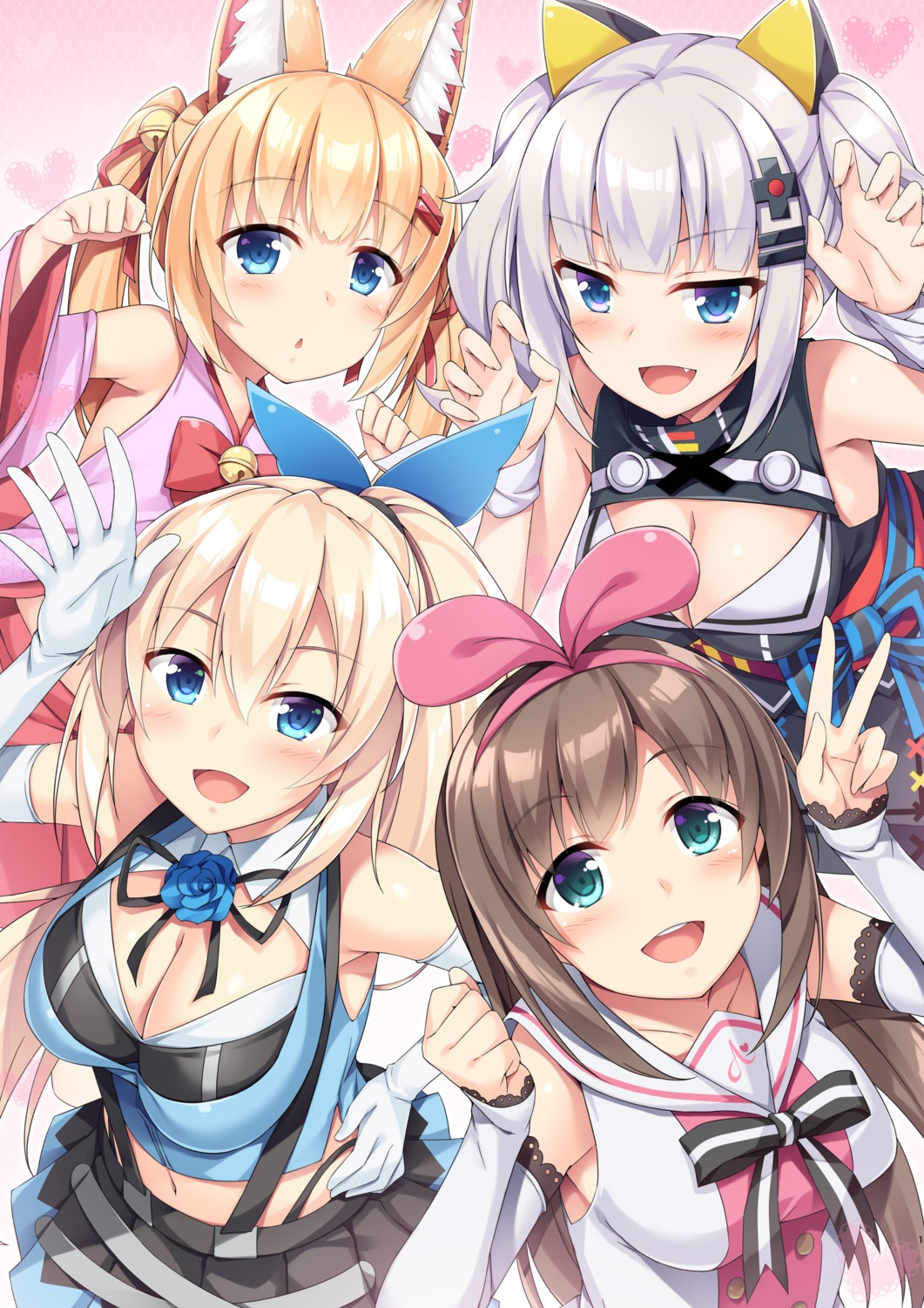 akizora_momiji, animal_ears, cleavage, crossover, kaguya_luna, kemomimi_vr_channel, kizuna_ai, kizuna_ai_inc.
