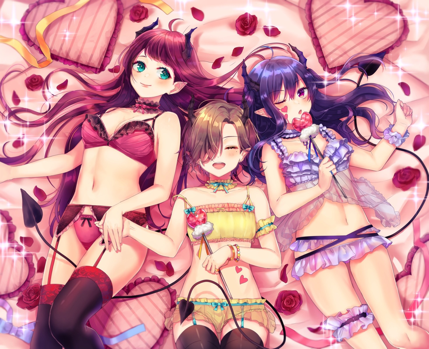 bra, cleavage, garter, garter_belt, horns, pantsu, pointy_ears, see_through, shinotarou_(nagunaguex), stockings, tail, thighhighs