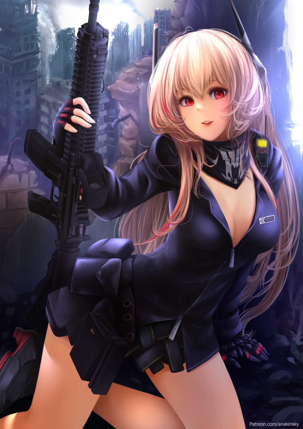 anakin_sky_(utcc), cleavage, girls_frontline, gun, m4_sopmod_ii_(girls_frontline), no_bra, open_shirt