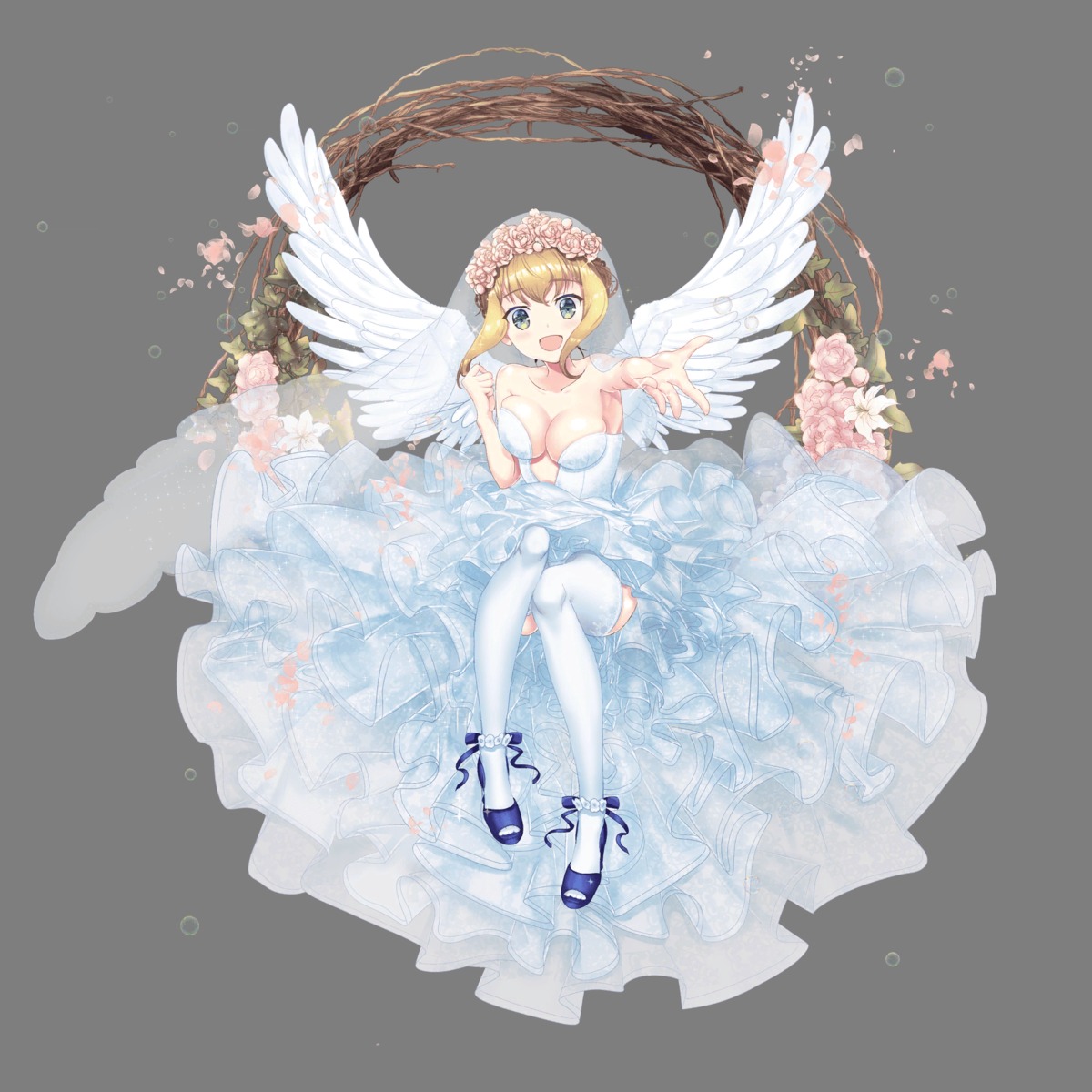 dress, heels, hoshi_no_girls_odyssey, no_bra, stockings, thighhighs, transparent_png, wedding_dress, wings