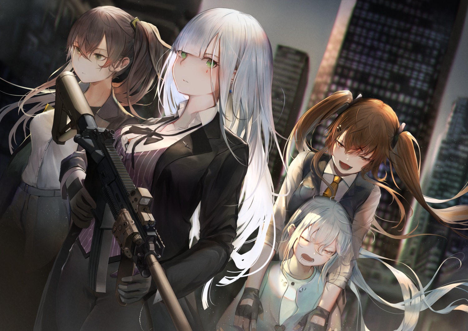 business_suit, g11_(girls_frontline), girls_frontline, gun, hk416_(girls_frontline), isaka_wasabi, ump45_(girls_frontline), ump9_(girls_frontline)